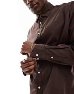 Jack & Jones Boxy Straight Hem Shirt In Brown For Men Seal Brown -Men Style Shop 207381953 3