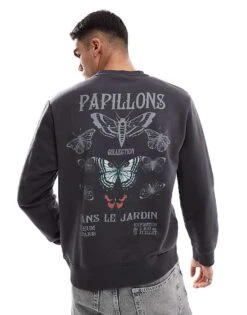 Jack & Jones Oversized Crew Neck Sweat With Papillon Back Print In Dark Grey For Men Asphalt