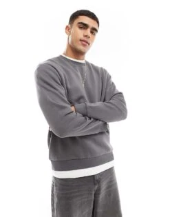 Jack & Jones Oversized Crew Neck Jumper In Dark Grey For Men Castlerock -Men Style Shop 207427893 1 castlerock 1