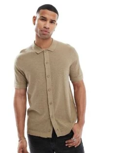 Jack & Jones Knitted Button Through Polo In Beige For Men Coriander -Men Style Shop 207427933 1 coriander 1