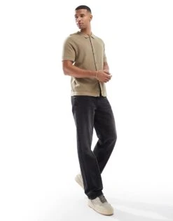 Jack & Jones Knitted Button Through Polo In Beige For Men Coriander -Men Style Shop 207427933 3