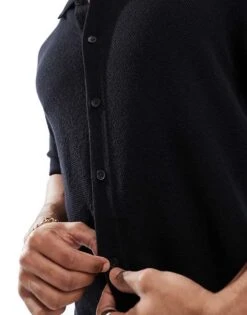 Jack & Jones Knitted Button Through Polo In Black For Men -Men Style Shop 207428172 3