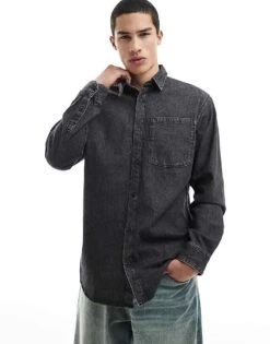 Jack & Jones Long Sleeve Denim Shirt In Washed Black For Men Black Denim -Men Style Shop 207428189 1 blackdenim 1