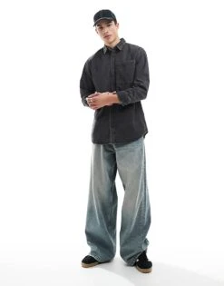 Jack & Jones Long Sleeve Denim Shirt In Washed Black For Men Black Denim -Men Style Shop 207428189 2