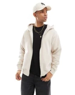Jack & Jones Oversized 400gsm Heavyweight Zip Hoodie In Cream For Men Moonbeam