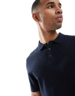 Jack & Jones Textured Knitted Polo In Navy For Men Navy Blazer -Men Style Shop 207428415 3