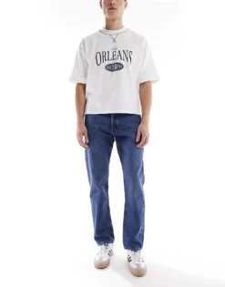 Jack & Jones Chris Straight Rigid Jeans In Mid Blue Wash For Men Blue Denim