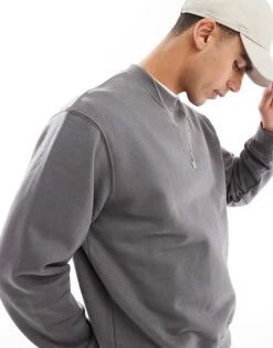 Jack & Jones Oversized 400gsm Heavyweight Crew Neck Jumper In Dark Grey For Men Castlerock -Men Style Shop 207428626 2