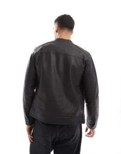 Jack & Jones Washed Black Faux Leather Racer Jacket For Men Black Washed -Men Style Shop 207428634 3