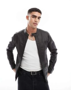 Jack & Jones Washed Black Faux Leather Racer Jacket For Men Black Washed -Men Style Shop 207428634 4