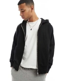 Jack & Jones Oversized 400gsm Heavyweight Zip Hoodie In Black For Men