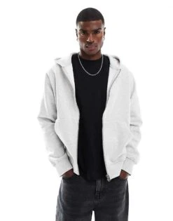 Jack & Jones Oversized 400gsm Heavyweight Zip Hoodie In Light Grey For Men White Melange -Men Style Shop 207428819 1 whitemelange 1