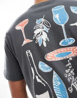 Jack & Jones Oversized T-shirt With Dinner Party Print In Dark Grey For Men Night Shadow -Men Style Shop 207439468 3