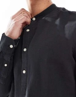 Jack & Jones Overhead Linen Shirt In Black For Men -Men Style Shop 207500628 4