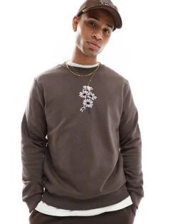 Jack & Jones Oversized Sweat With Daisy Embroidery In Brown For Men Chocolate Brown