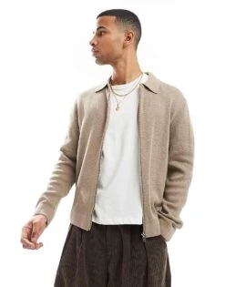 Jack & Jones Zip Cardigan With Collar In Beige For Men Greige Melange