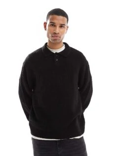 Jack & Jones Premium Oversize Boucle Polo Jumper In Black For Men -Men Style Shop 207601525 1 black 1