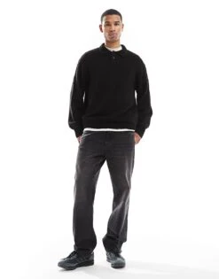 Jack & Jones Premium Oversize Boucle Polo Jumper In Black For Men -Men Style Shop 207601525 3