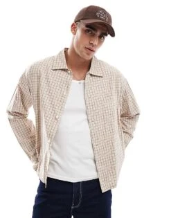Jack & Jones Cropped Oversized Shirt In Neutral Check For Men Crockery -Men Style Shop 207603865 1 crockery 1