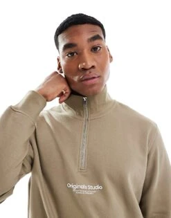 Jack & Jones 1/4 Zip Sweat With Logo In Sage For Men Silver Sage