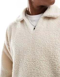 Jack & Jones Borg Split Neck Polo In Beige For Men Oatmeal -Men Style Shop 207658633 4