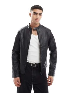 Jack & Jones Faux Leather Racer Jacket In Black For Men