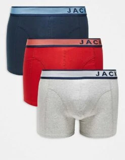 Jack & Jones 3 Pack Logo Trunks In Red Blue & Grey For Men Red Grey Blue