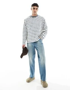 Jack & Jones Oversized Long Sleeve T-shirt In Blue Stripe For Men Stormy Weather -Men Style Shop 207766725 2