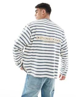 Jack & Jones Oversized Long Sleeve T-shirt In Blue Stripe For Men Stormy Weather -Men Style Shop 207766725 3