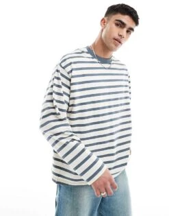 Jack & Jones Oversized Long Sleeve T-shirt In Blue Stripe For Men Stormy Weather -Men Style Shop 207766725 4