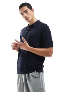 Jack & Jones Premium Texture Button Polo Shirt In Navy For Men Night Sky