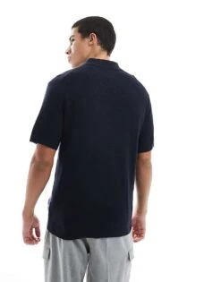 Jack & Jones Premium Texture Button Polo Shirt In Navy For Men Night Sky -Men Style Shop 207767327 3