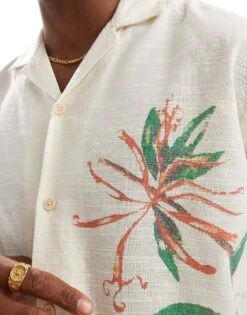 Jack & Jones Revere Collar Shirt With Flower Art Print In White For Men Antique White -Men Style Shop 207767483 4