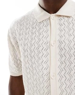 Jack & Jones Button Through Shirt In Knitted Crochet In Cream For Men Sea Salt -Men Style Shop 207767997 3