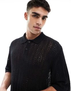 Jack & Jones Knitted Crochet Polo Shirt In Black For Men -Men Style Shop 207768124 1 black 1