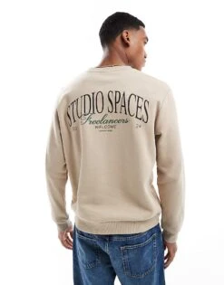 Jack & Jones Oversize Sweatshirt With Studio Spaces Print In Beige For Men Crockery