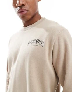 Jack & Jones Oversize Sweatshirt With Studio Spaces Print In Beige For Men Crockery -Men Style Shop 207804938 3