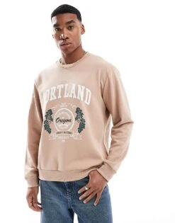 Jack & Jones Oversize Sweatshirt With Portland Print In Stone For Men Stucco