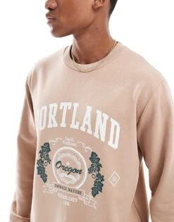 Jack & Jones Oversize Sweatshirt With Portland Print In Stone For Men Stucco -Men Style Shop 207806964 4