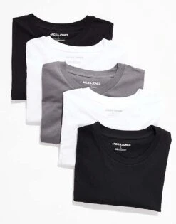 Jack & Jones Oversize T-shirt 5 Pack In White, Black & Grey For Men White & Black